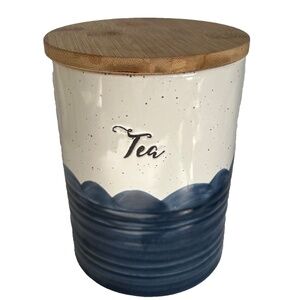 Sheffield Home Tea Canister Pottery Blue Gray Wood Lid 6" Tall Kitchen Storage